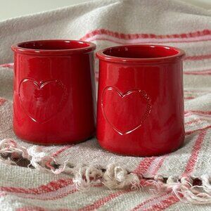 (2) La Fermière Yogurt Pots ~ Valentine Red & Hearts ❤️ -- Cleaned Rims! {lot 2}